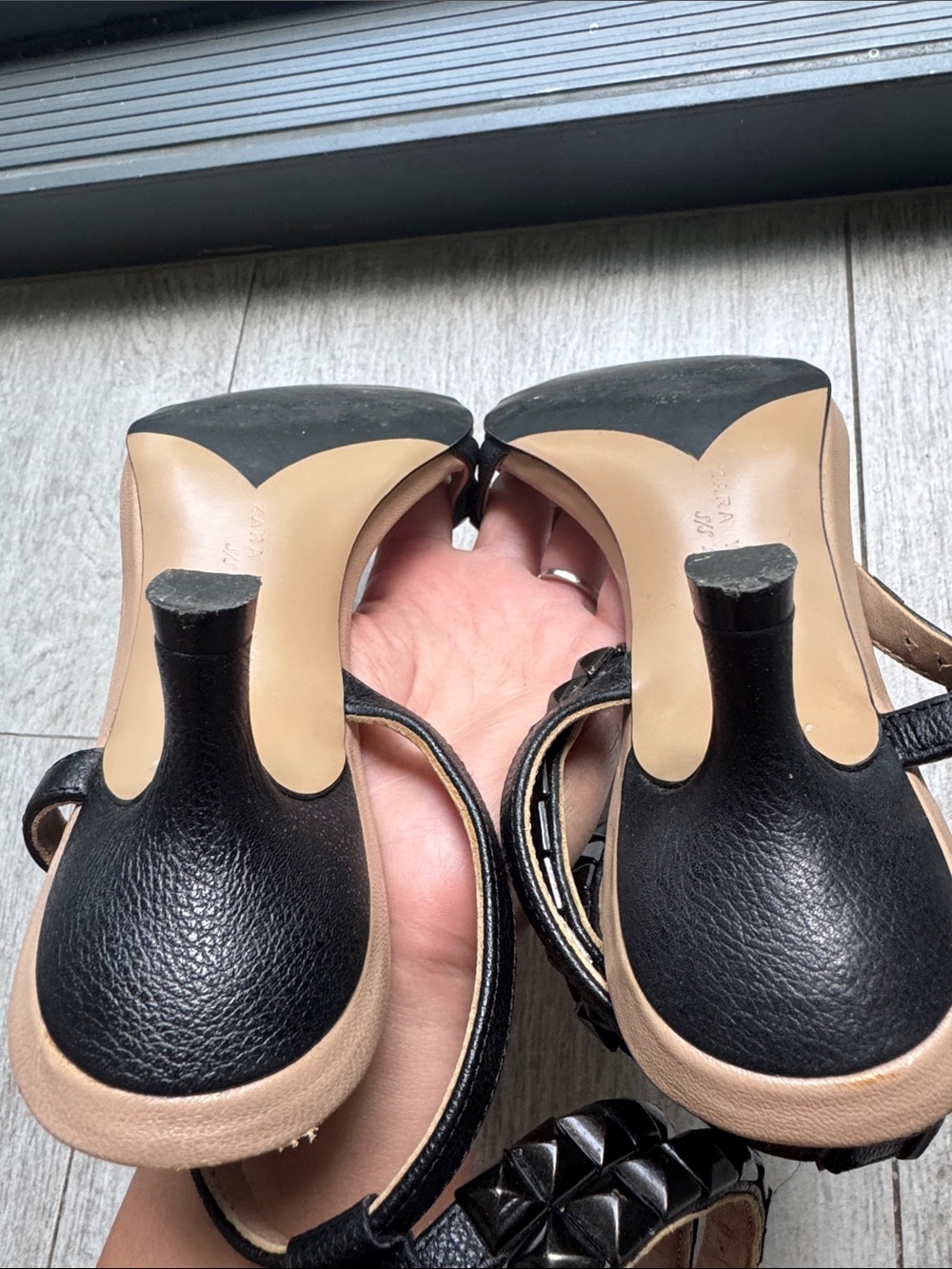 Zara Black Studded T-Strap Ankle Sandals size 37 Heels - Picture 10 of 10